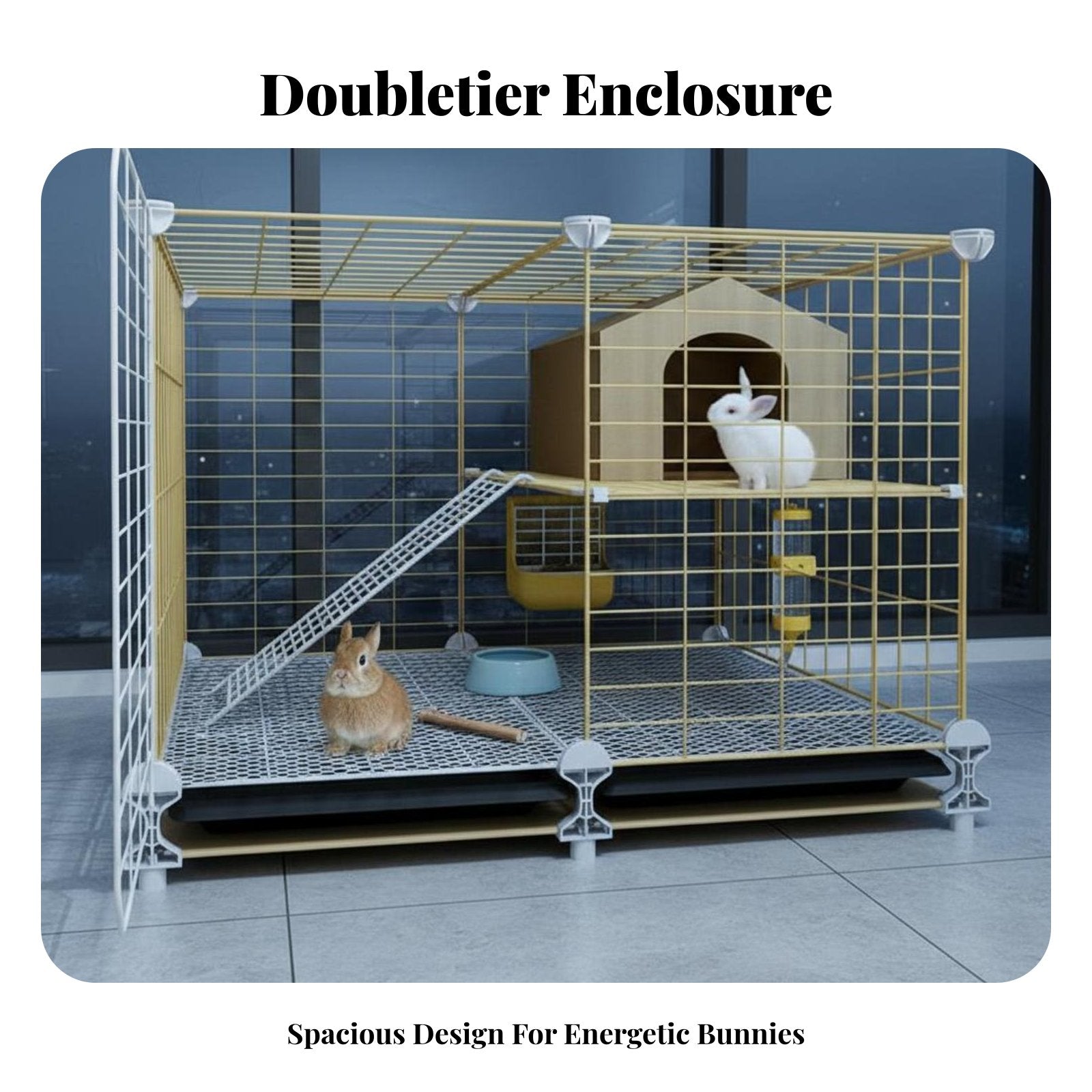 Easy-Clean Tray Indoor Rabbit Enclosure Accessible Able Roof 2-Tier Bunny Hutch Movable Wheels 2-Story Rabbit Hutch DIY Assembly for Families with Pets, Home, Living Room