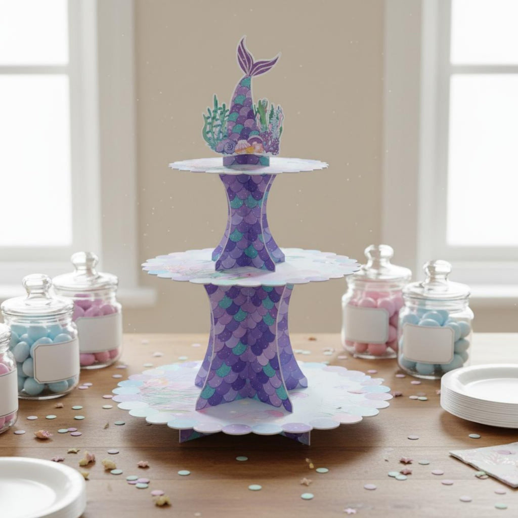 3-Tier Mermaid Cupcake Stand Easy to Assemble for Baby Shower, Girls, Kids