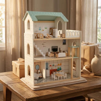 Multi Level Dollhouse Miniature Furniture Furnished Doll House Role Playing Wooden Play House for Children