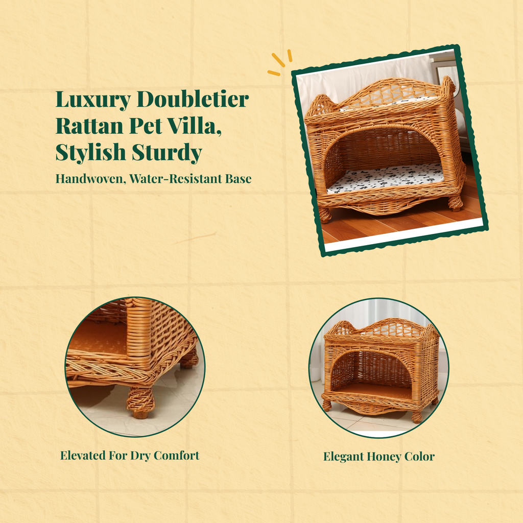 Wicker Cat Bed, 2-Tier Removable Pet House, Rattan Dog Bed