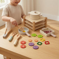 Wooden Play Kitchen Multi-Part Wooden Cooking Set Smooth Finish Role-Play Kitchen Set