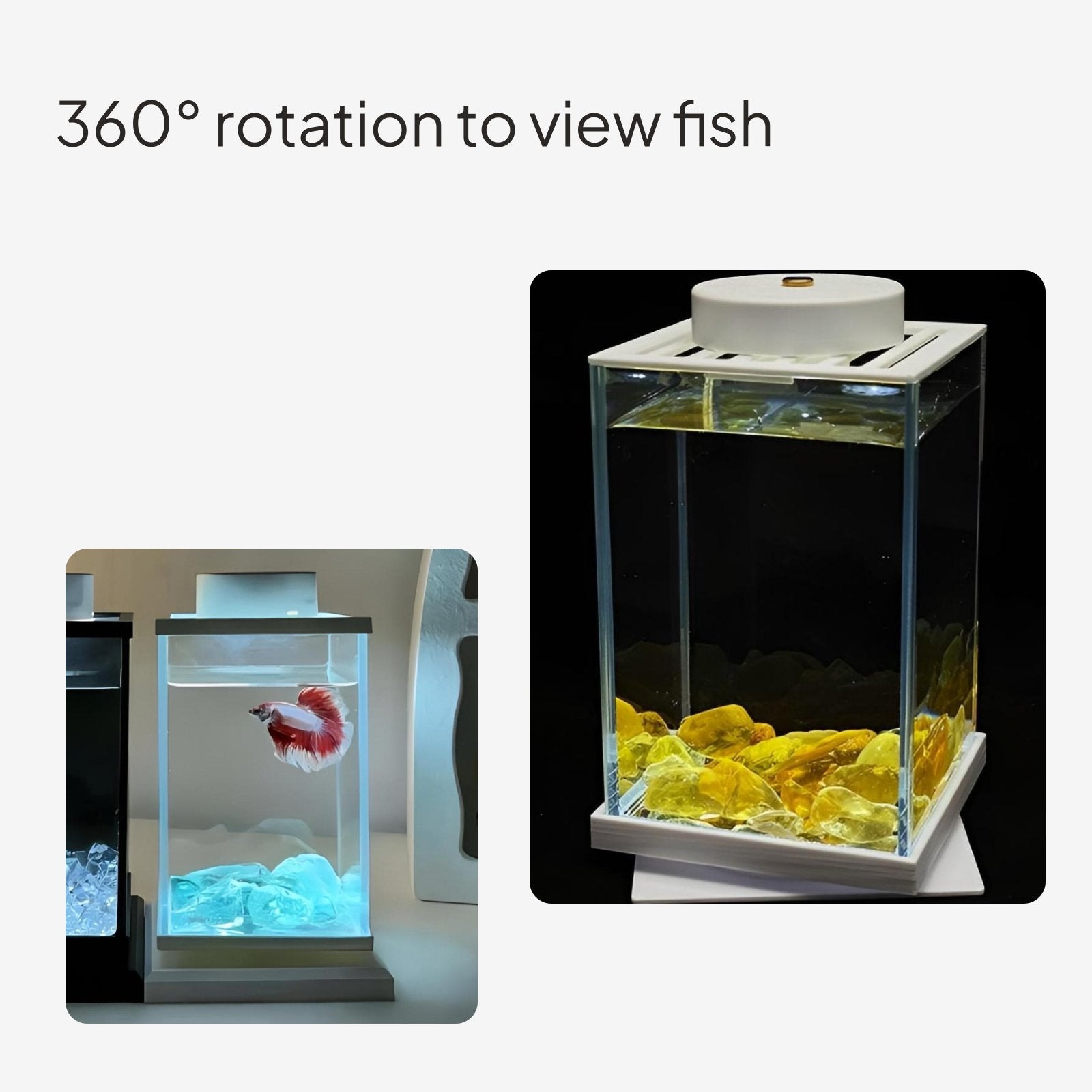 Desktop Fish Tank with Light Compact Size Desktop LED Aquarium Panoramic View Rotating Betta Tank for Beginners, Kids, Office, Bedroom