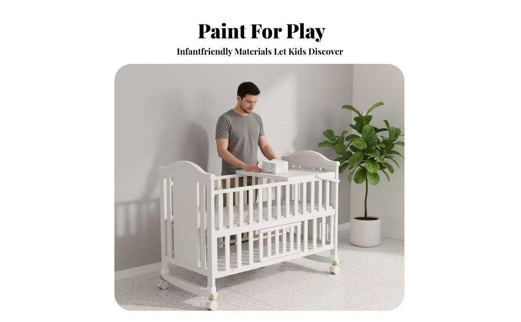 White Wooden Baby Crib Wheeled Crib on Wheels Mattress Included Nursery Bed Curved