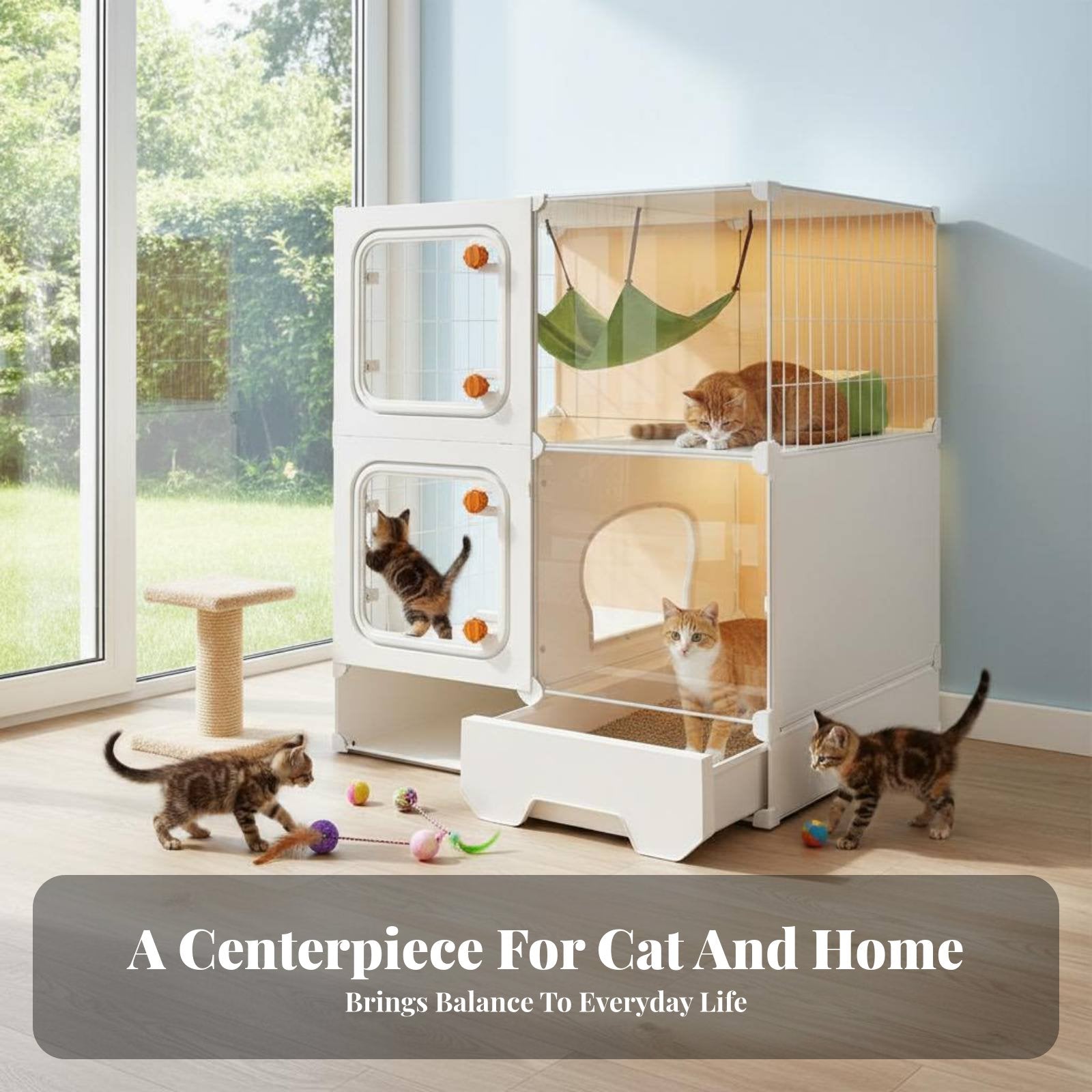 Multi-Level Feline Villa with Integrated Litter Box Spacious Interior
