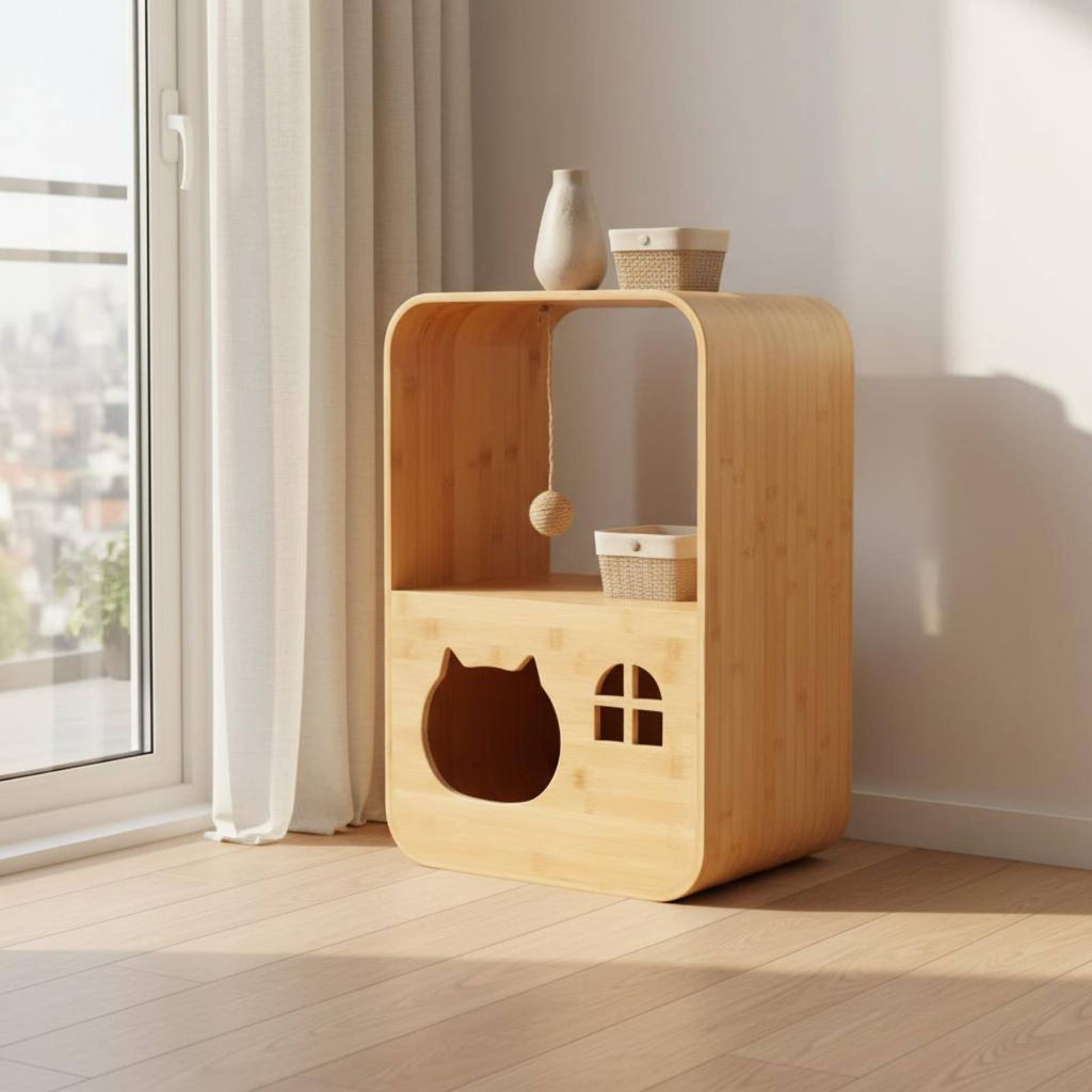 Wooden Cat House Cabinet 2-in-1 Cat Design Condo Cabinet Space-Saving Animal Furniture for Living Room