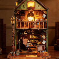 Miniature Library Book Alcove LED Lights Wooden Miniature House set Inviting Atmosphere Display 3D Puzzle House Model for Bookshelf, Desk