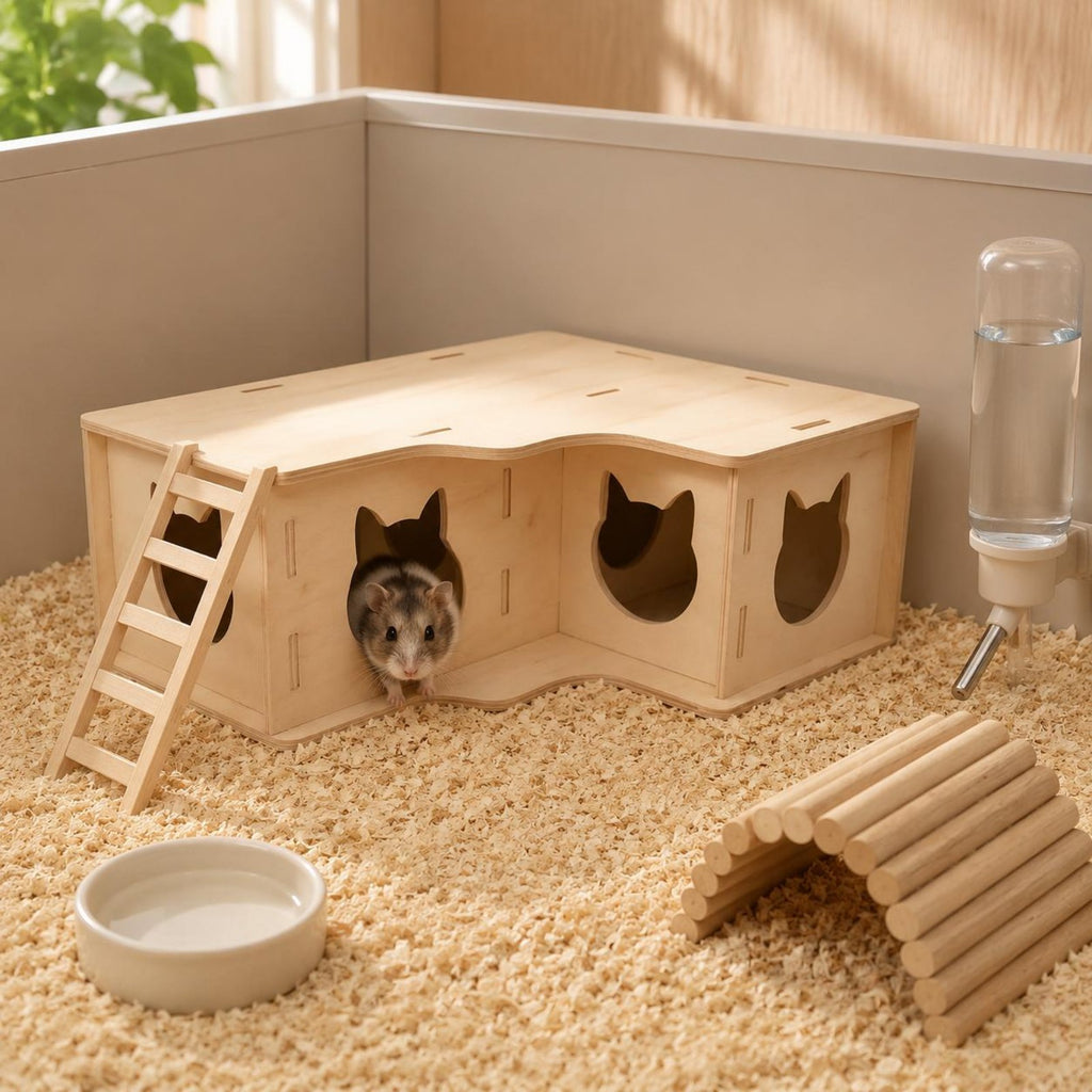 Wooden Hamster Hideout House Natural Wood Double-Room Hamster House