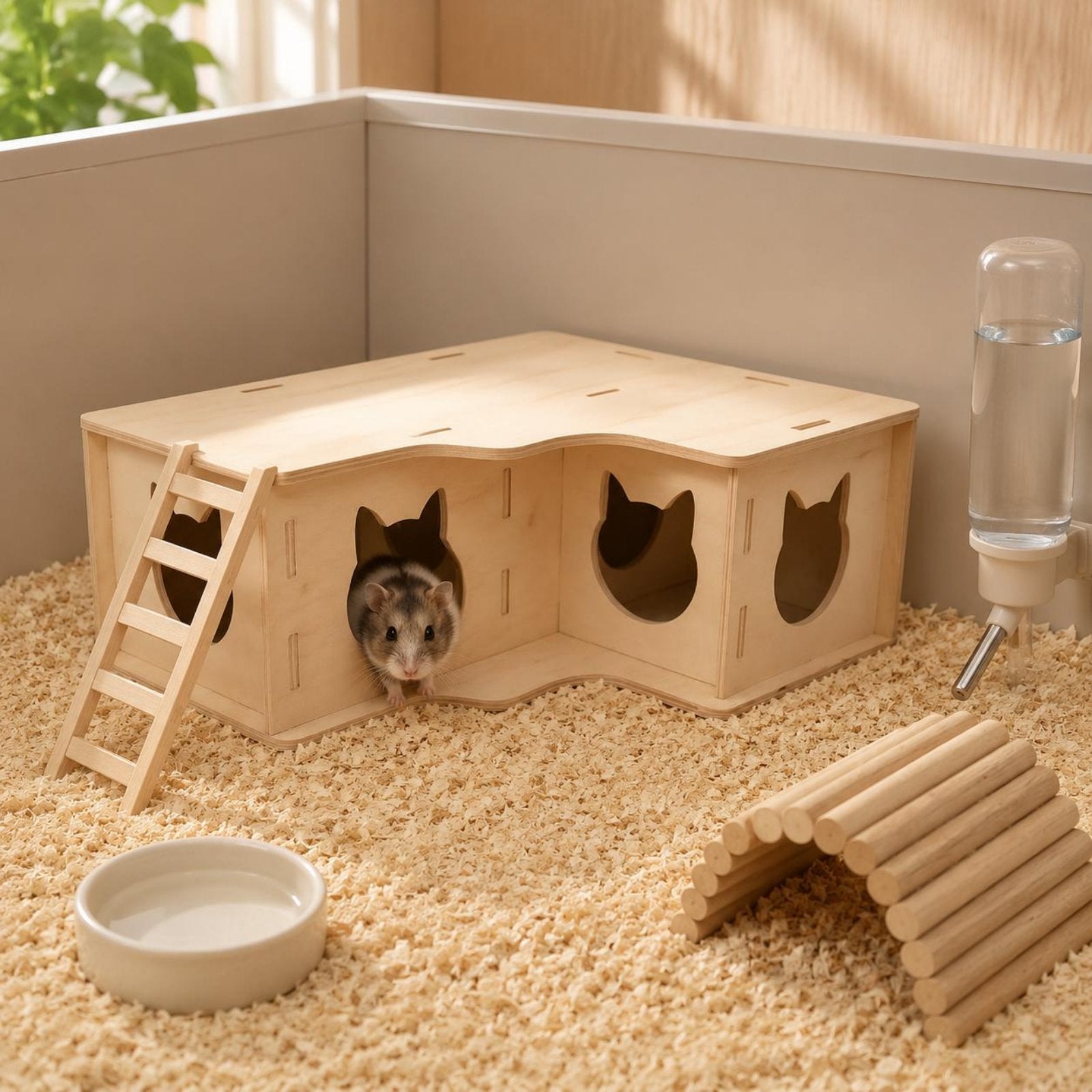 Wooden Hamster Hideout House Natural Wood Double-Room Hamster House
