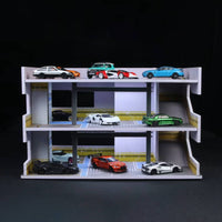 1:64 Scale Parking Garage Model LED Lighting Japanese Parking Building Model USB Powered Car Display Case for Desk