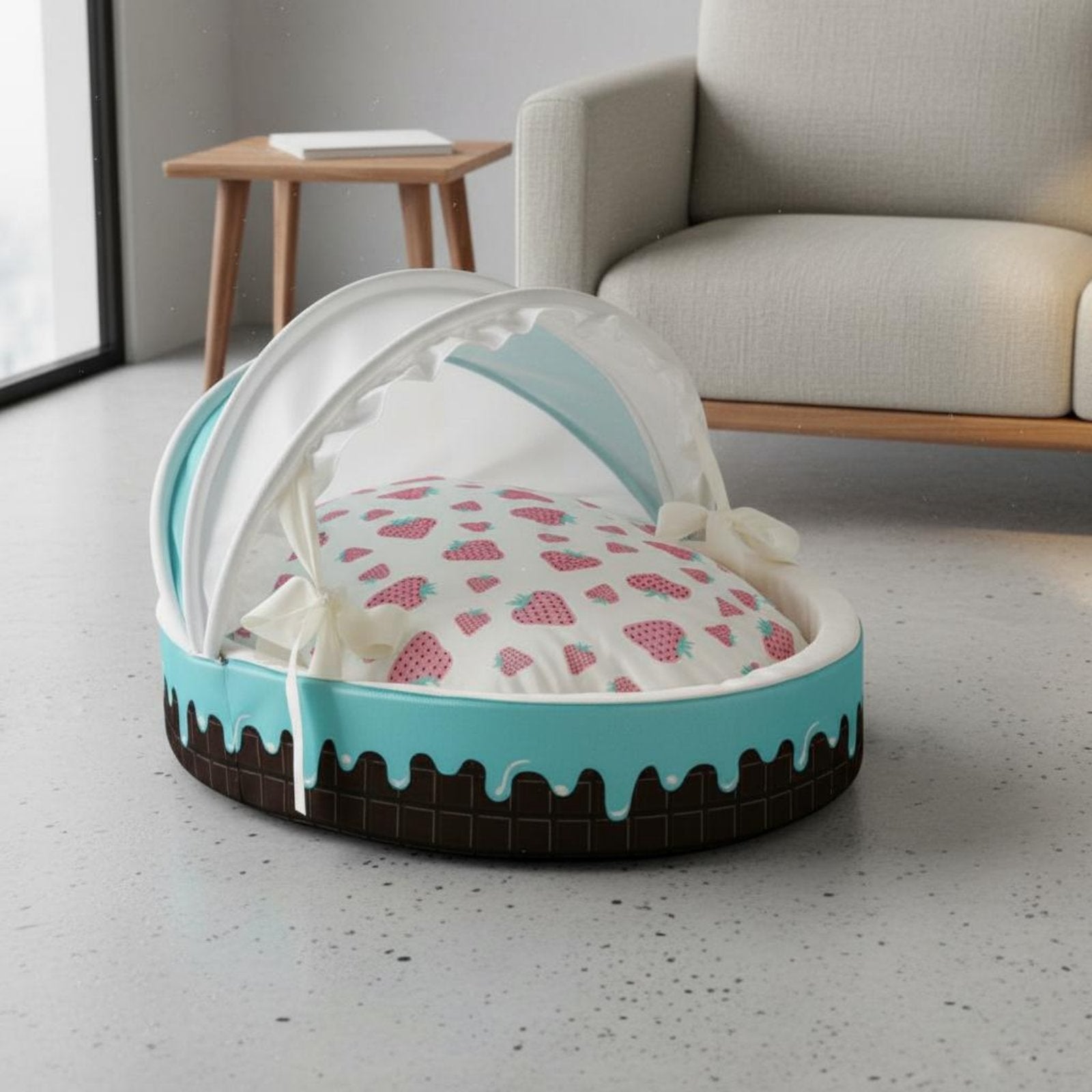 Ice Cream Pet Bed Reversible Cushion Round Feline Dog Bed for Young Dogs