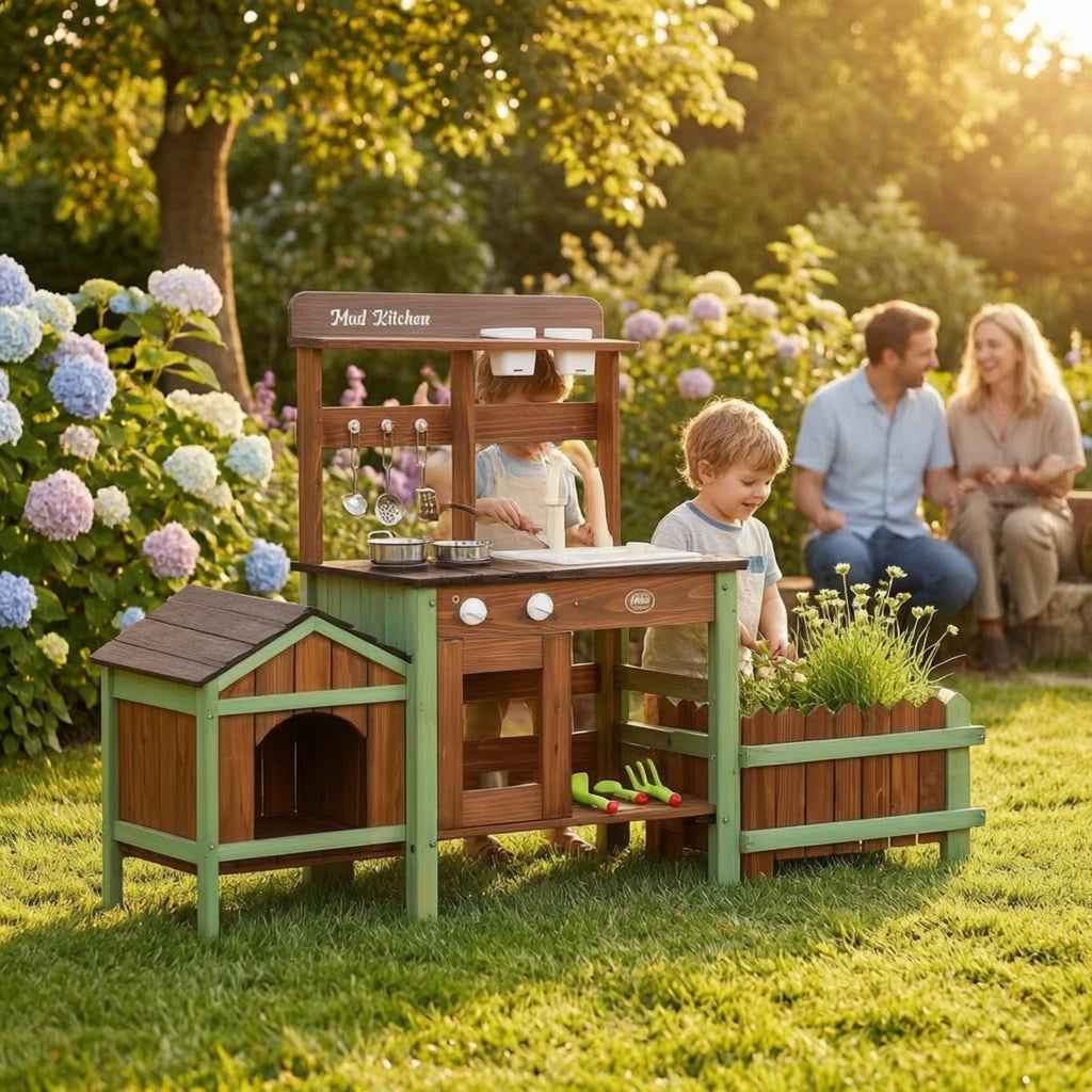 Wooden Outdoor-Pretend Kitchen Planter Box Wood-Look Play Kitchen Round Knobs Infant Toy
