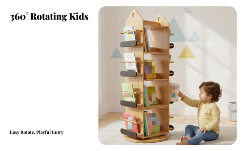 360-Degree Rotation Rotating Book Tower Multitier Design children's Furniture Floor-Standing book tower Space-Saving for Toddlers, Early Readers, Nursery, Kindergarten, Playroom, Bedroom
