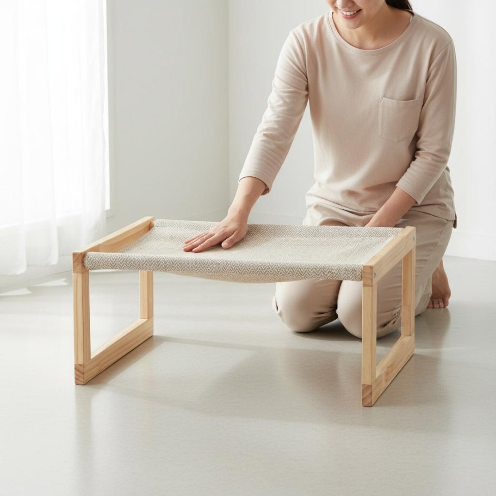Elevated Cat Lounger Holds up to 40 Lbs Wooden Frame Pet Bed for Indoor, Cats