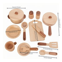 15 Pieces Pretend Play KitchenSet Brown Accents Wooden Cookware Playset Smooth Rounded Edges Kids Cooking Playset for Children