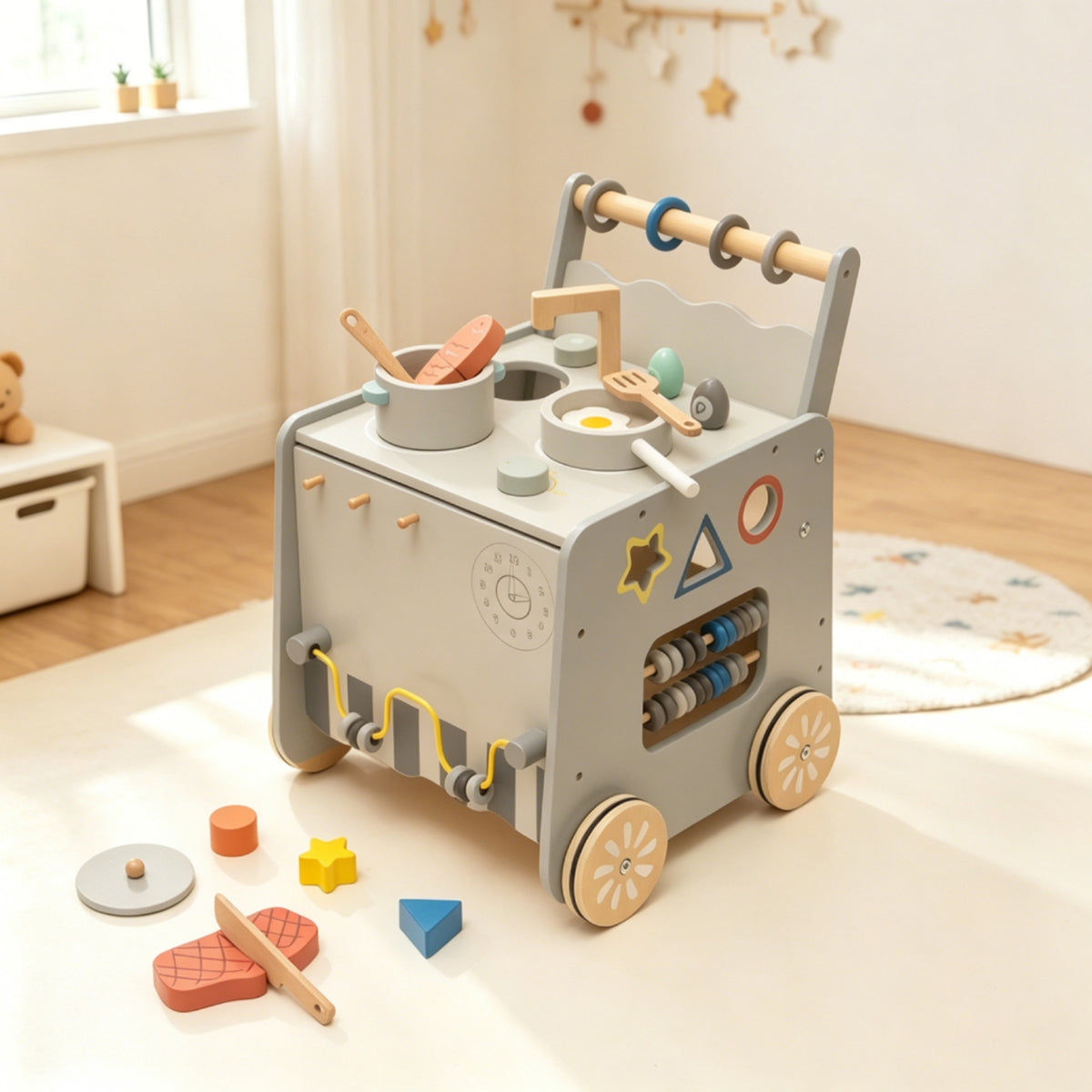 Wooden Play Kitchen Cart Pretend Cooktop Top Rolling Play Kitchen Cart Sink Area for Young Children