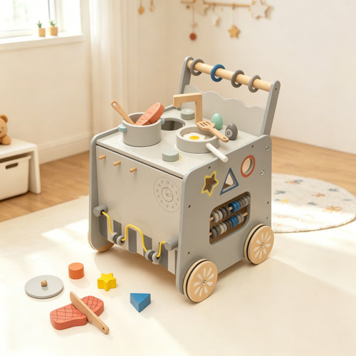 Wooden Play Kitchen Cart Pretend Cooktop Top Rolling Play Kitchen Cart Sink Area for Young Children