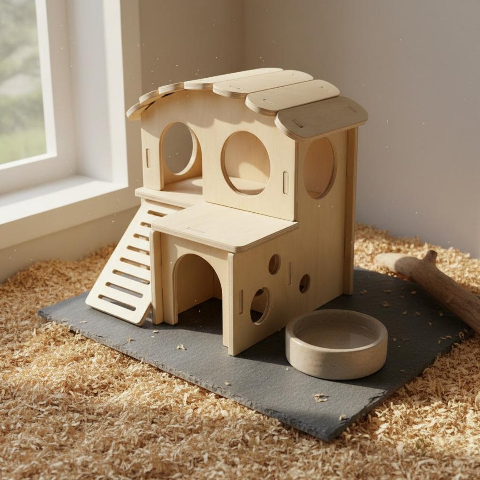 Double-Decker Hamster House Multi-Functional Stairs Wooden Pet Hut Natural Wood