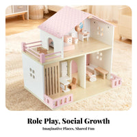 Wooden Dollhouse Balcony Railings Two-Story Dollhouse Realistic Details Children's Play Home