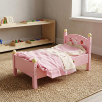 Pink Wooden Doll Bed Curved Headboard Pretend Play Bed Four-Post Small Furniture Strawberry and Rabbit Print for Children