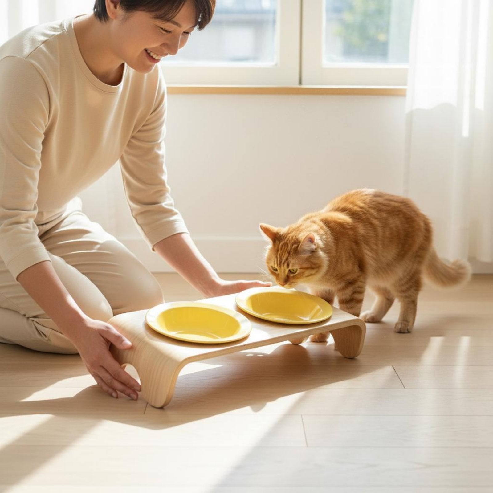 Raised Double Feline Bowl Arched Legs Wooden Feline Bowl Stand 150 Ml Capacity