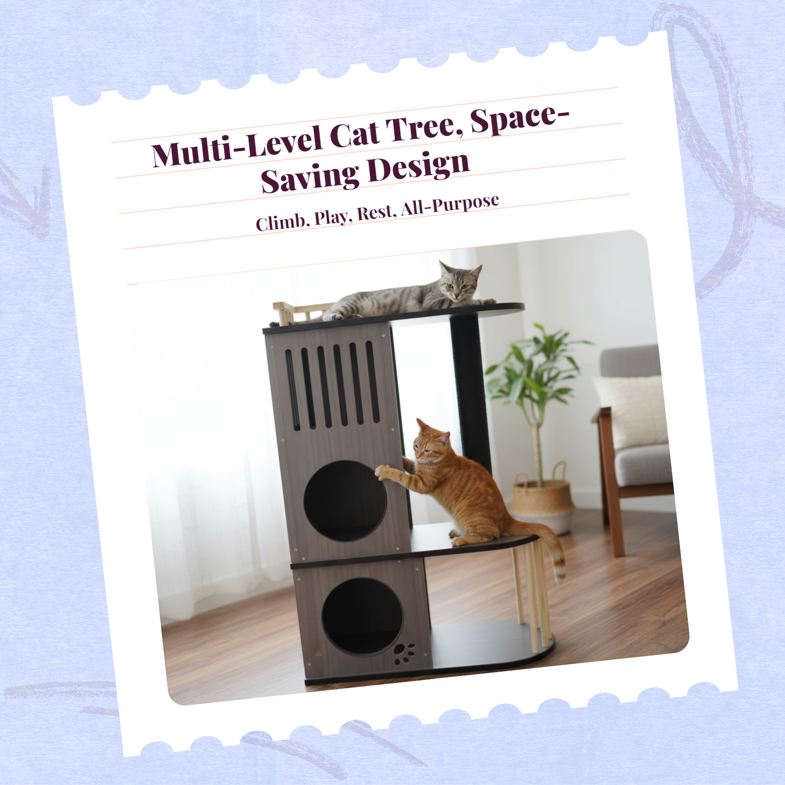Cat tree with condo, scratching post, and rest area