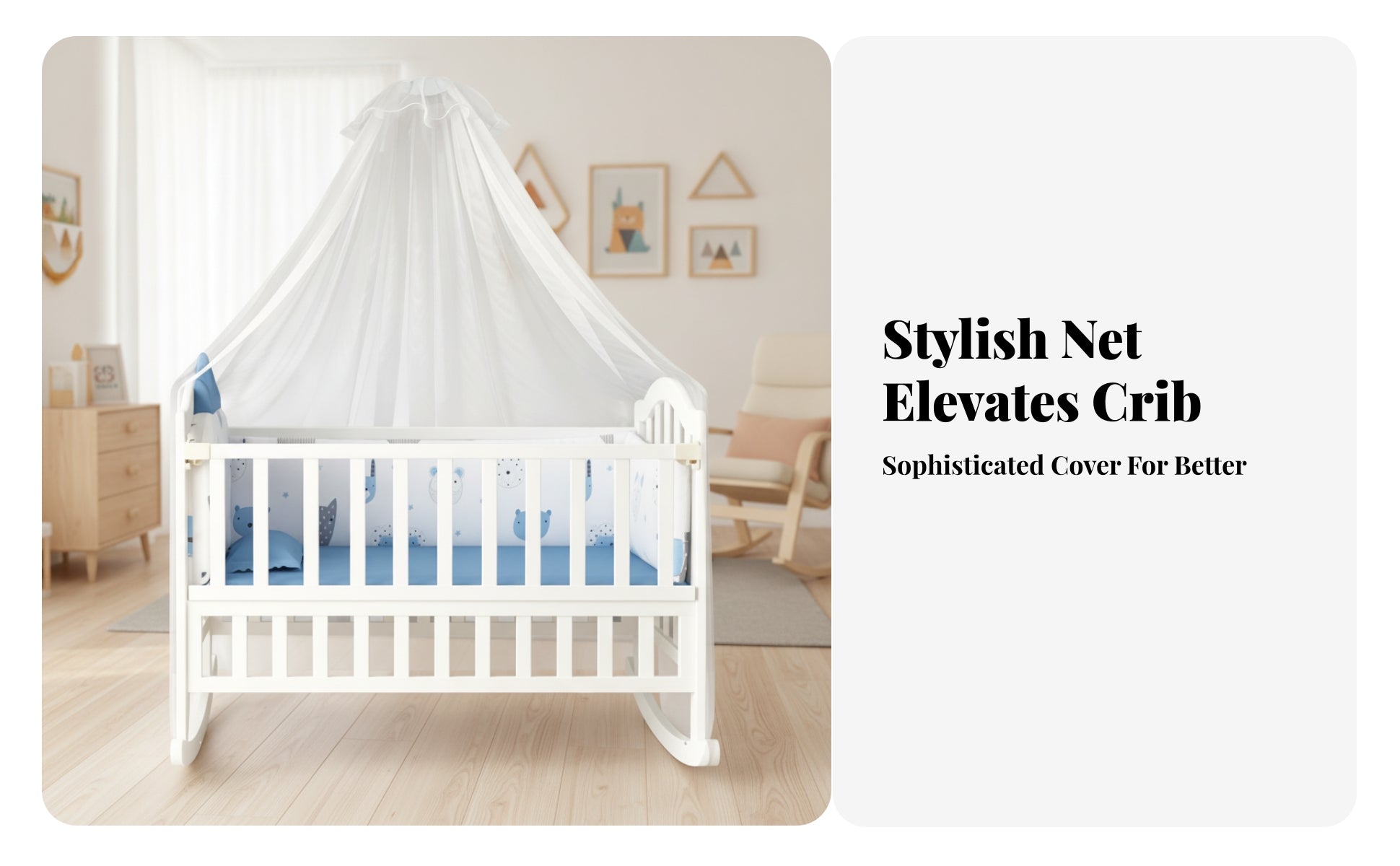 Bug Net Canopy Nursery Rocking Cradle Caster Wheels Rocking Cradle Padded Mattress for Babies, Toddlers