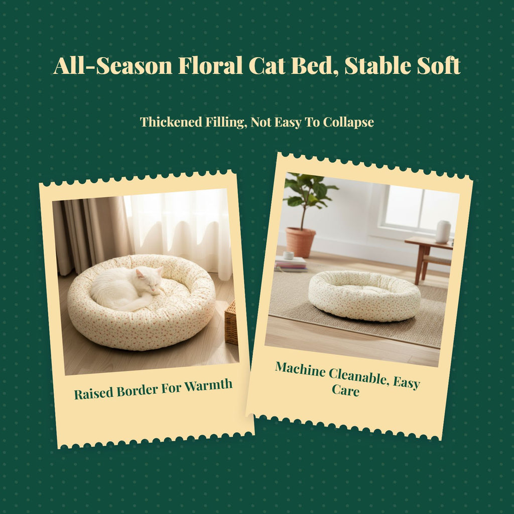 Cat Bed, Round Washable Non-Slip Mat, Cozy Calming Pet Bed
