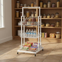 Mobile Snack Display Stand Large Capacity Multi-Tier Floor Standing Shelf 3-Tier Rolling Storage Cart Sturdy Duty for Bedroom