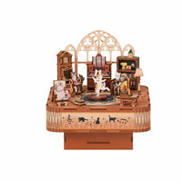 Cat Gathering Music Box, DIY 3D Wooden Model Kit, Rotatable Assembly Model