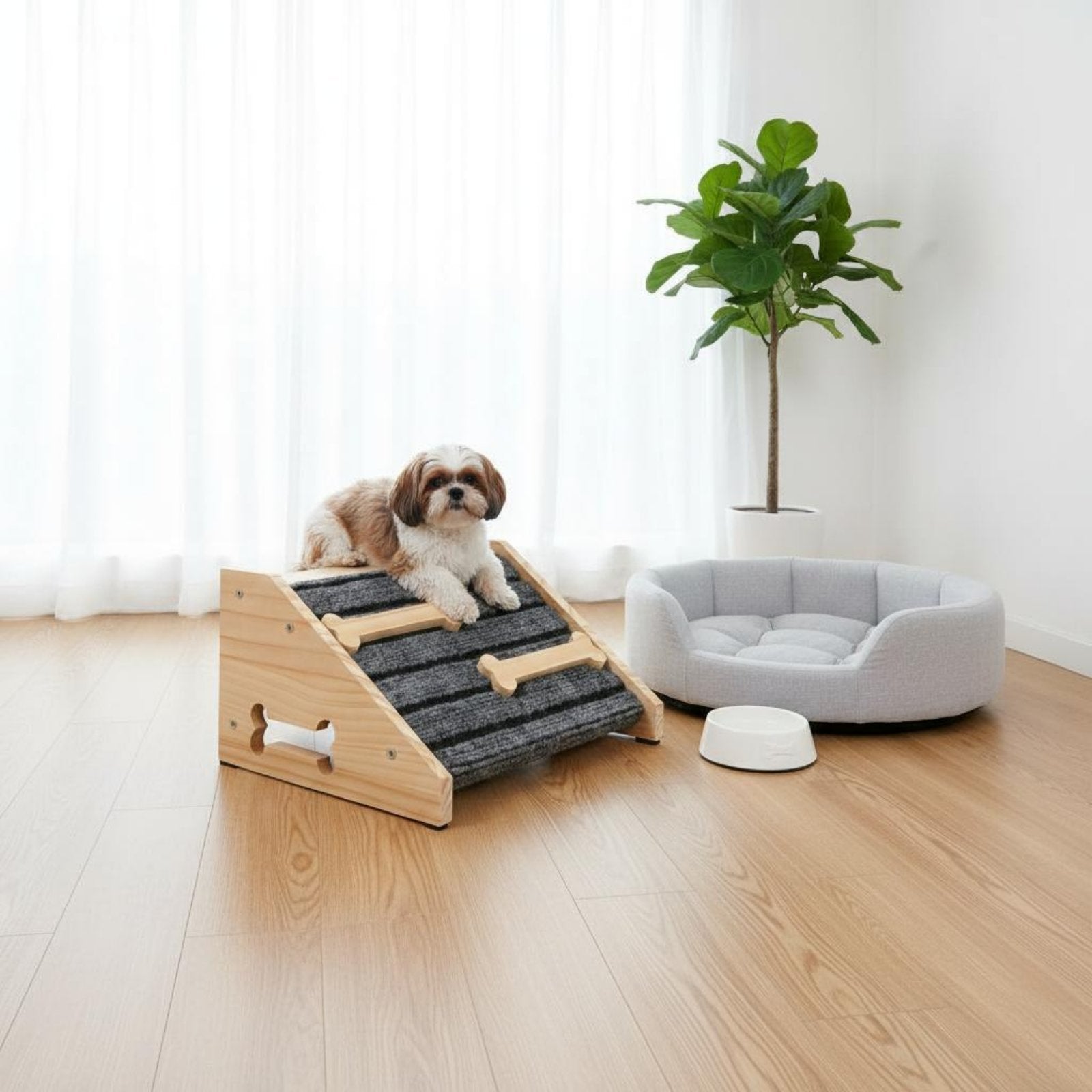Wooden Dog Stair Ramp Gentle Slope Carpeted Pet Step Ramp Reduces Strain