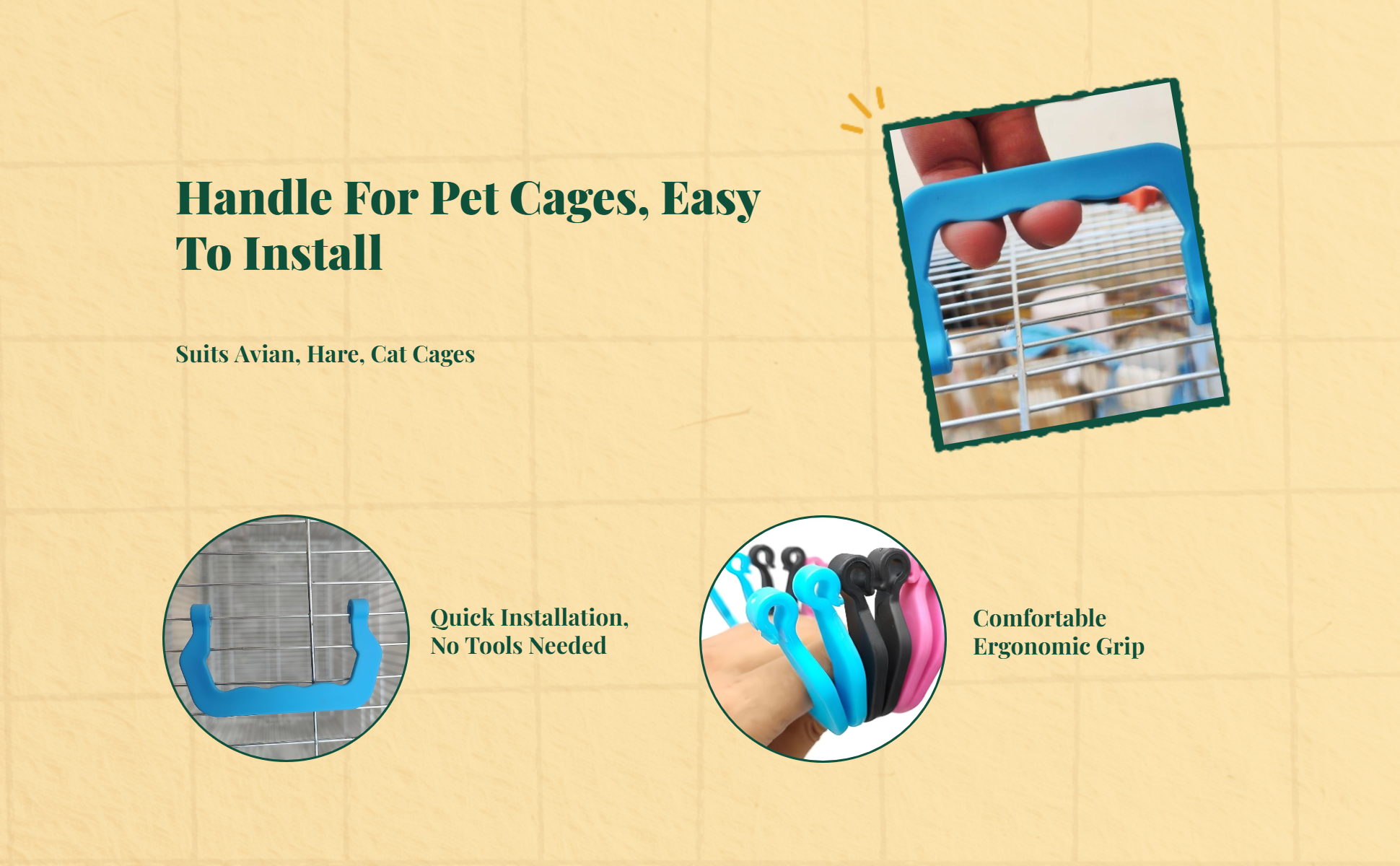Pet enclosure Handle, Plastic Replacement Carry Handle, Easy to Install for avian, hare, cat, and dog enclosures. Portable and removable accessory.