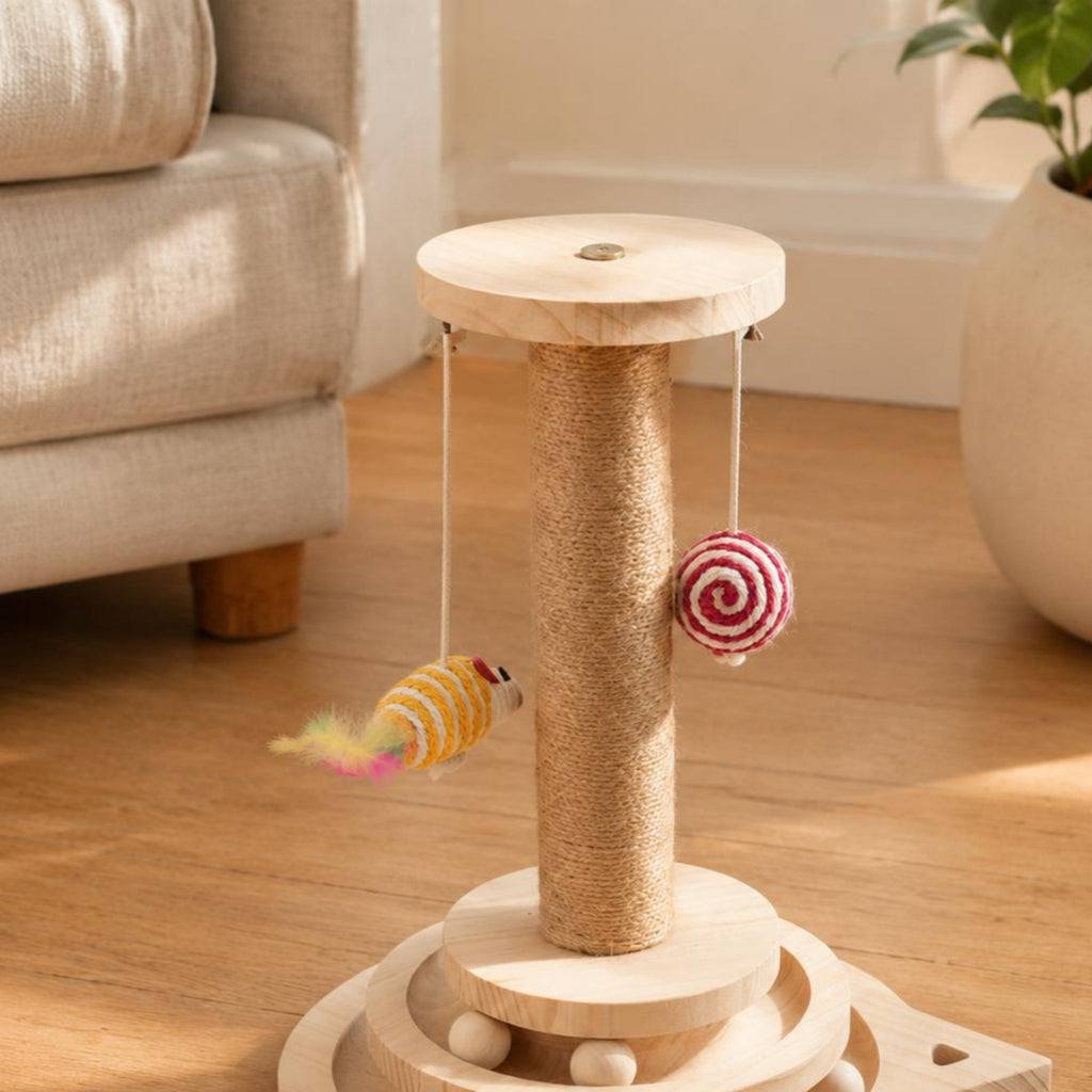 Wooden Kitten Scratching Post Tiered Circular Base Pet Furniture Spiral Design