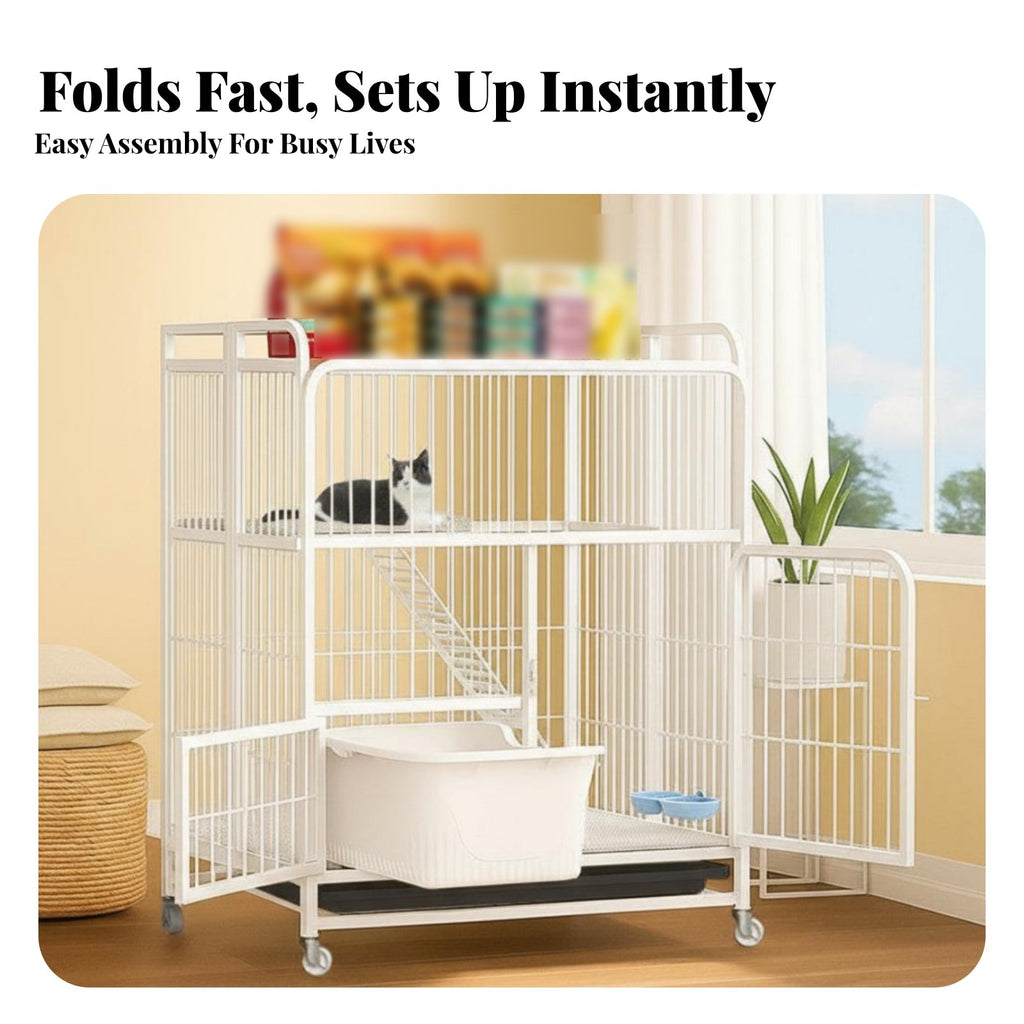 3-Tier Foldable Cat Kennel Integrated Litter Box Multi-Level Cat Crate Large Space Spacious Interior for Indoors, Home, Bedroom