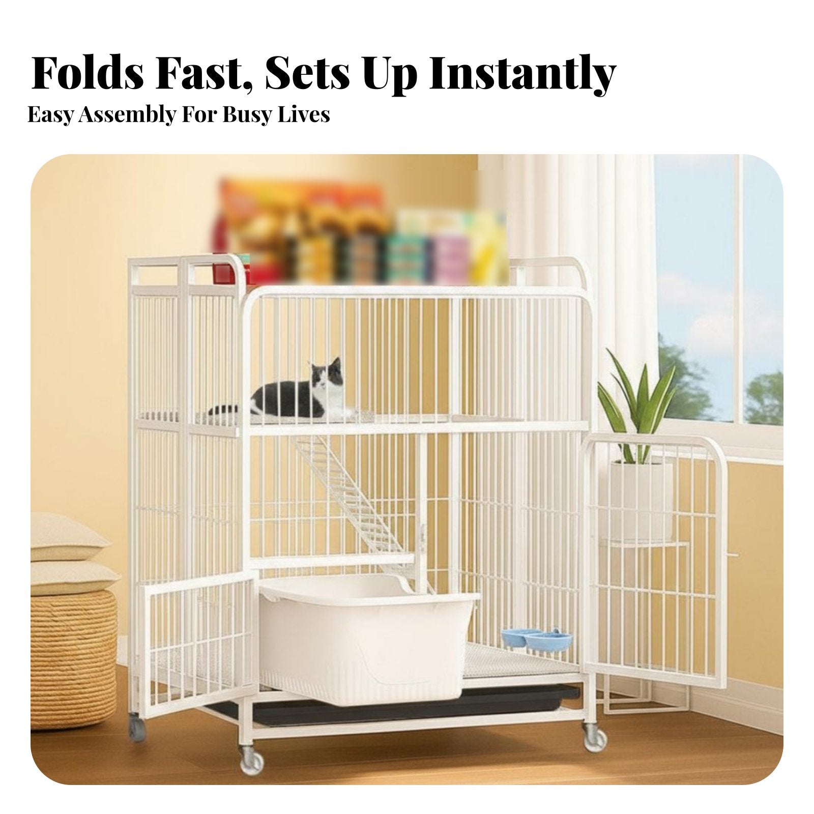 3-Tier Foldable Cat Kennel Integrated Litter Box Multi-Level Cat Crate Large Space Spacious Interior for Indoors, Home, Bedroom