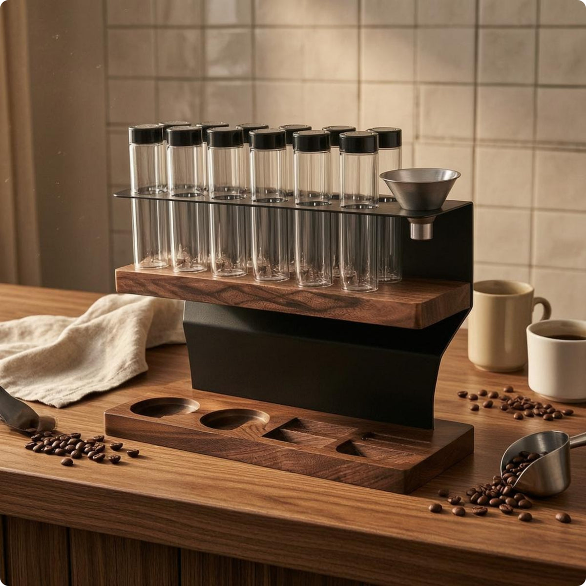 Coffee Bean Storage Display Rack Wooden Coffee Foundation Station Organizer Sealed Glass Bottles Countertop Shelf