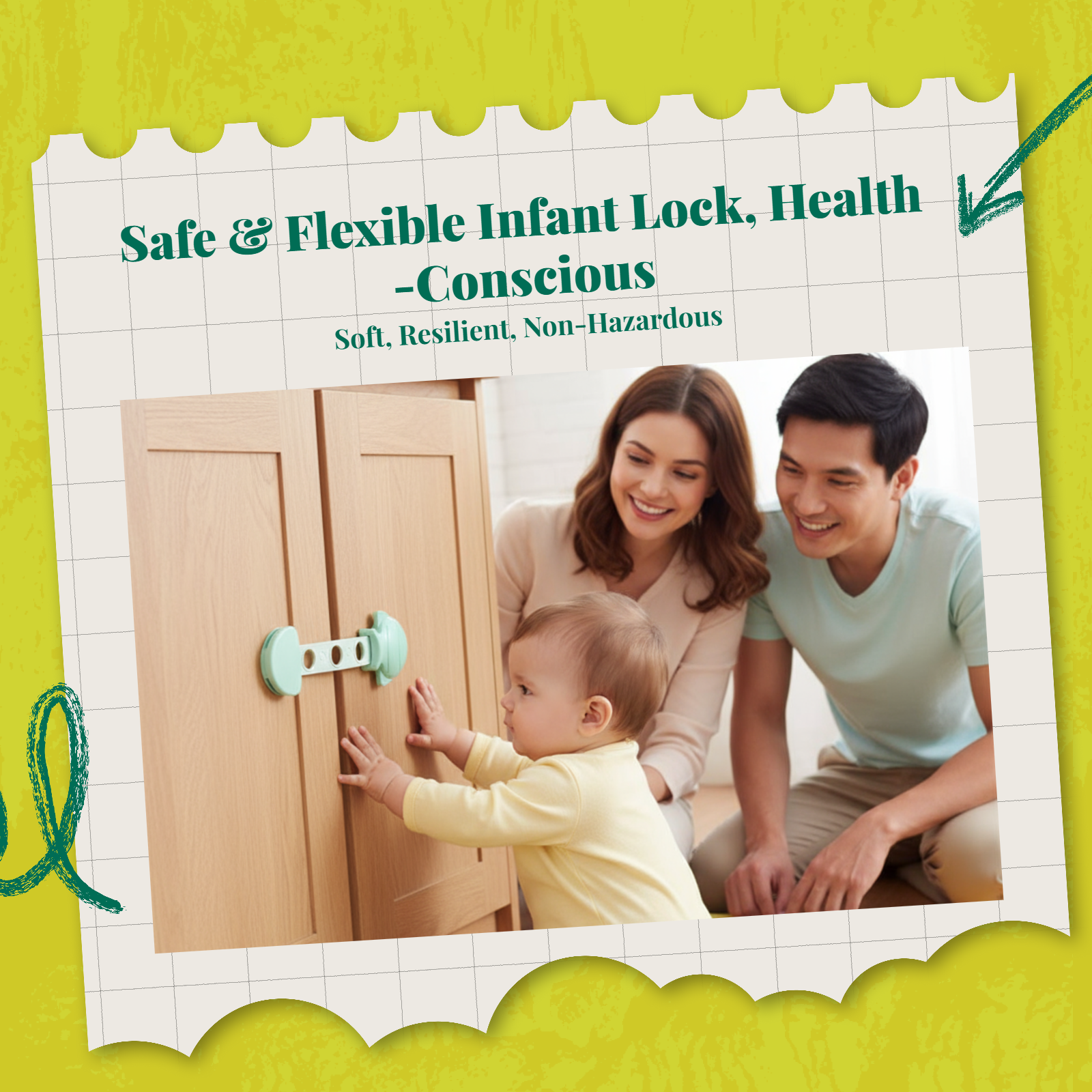Infant security latch, Infant protected Drawer Lock, Cabinet Lock, Adjustable, No Tools Required, Multi-Purpose, Easy to Install