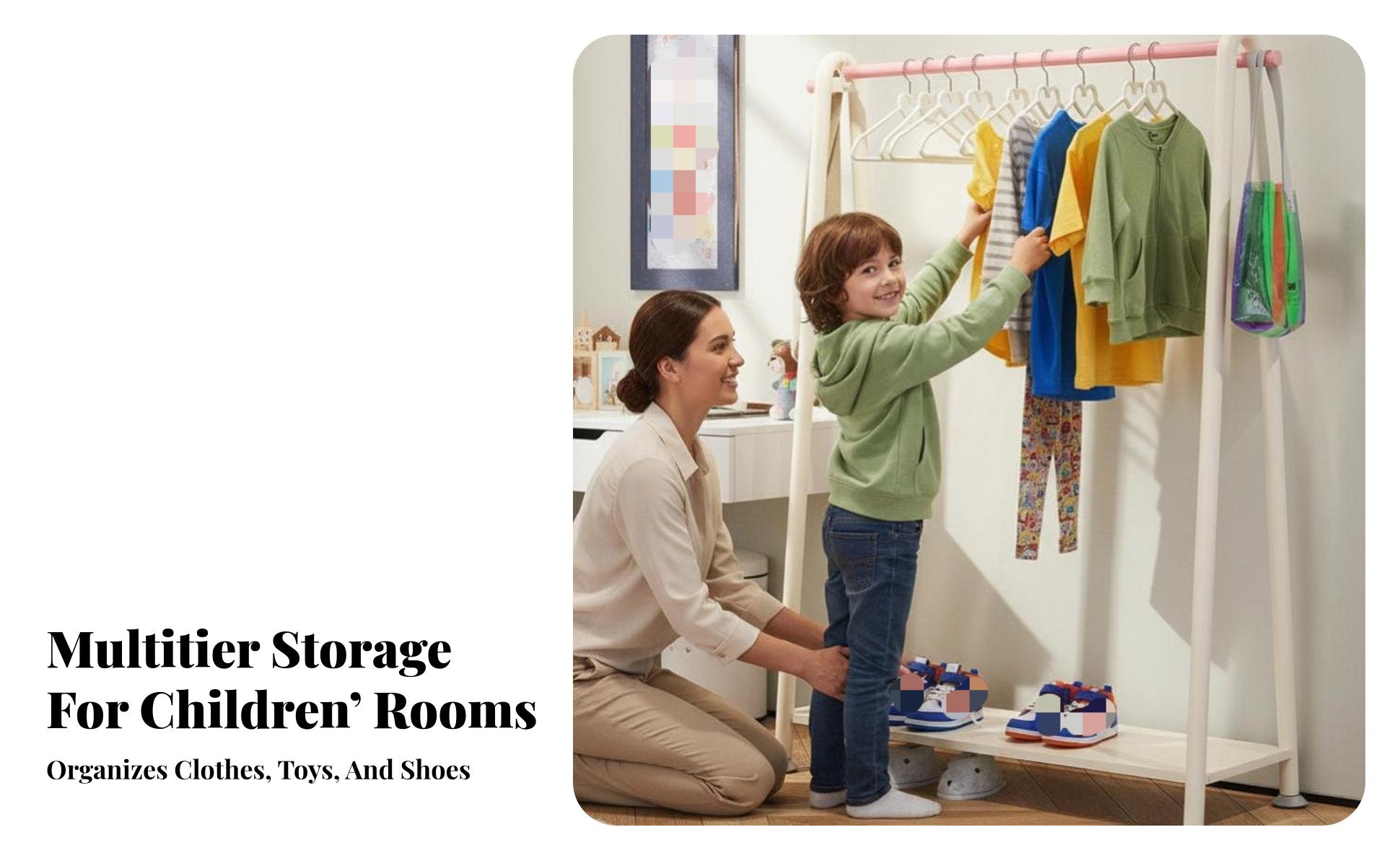 unattachedstanding Design kids' Dress-up Rack Stable Base House-Shaped Clothes Rack Side hangers children's Furniture Easy Assembly for Toddlers, Babies, Parents, Bedroom, Playroom, Entryway, Laundry Room