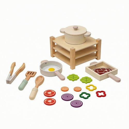 Wooden Play Kitchen Multi-Part Wooden Cooking Set Smooth Finish Role-Play Kitchen Set