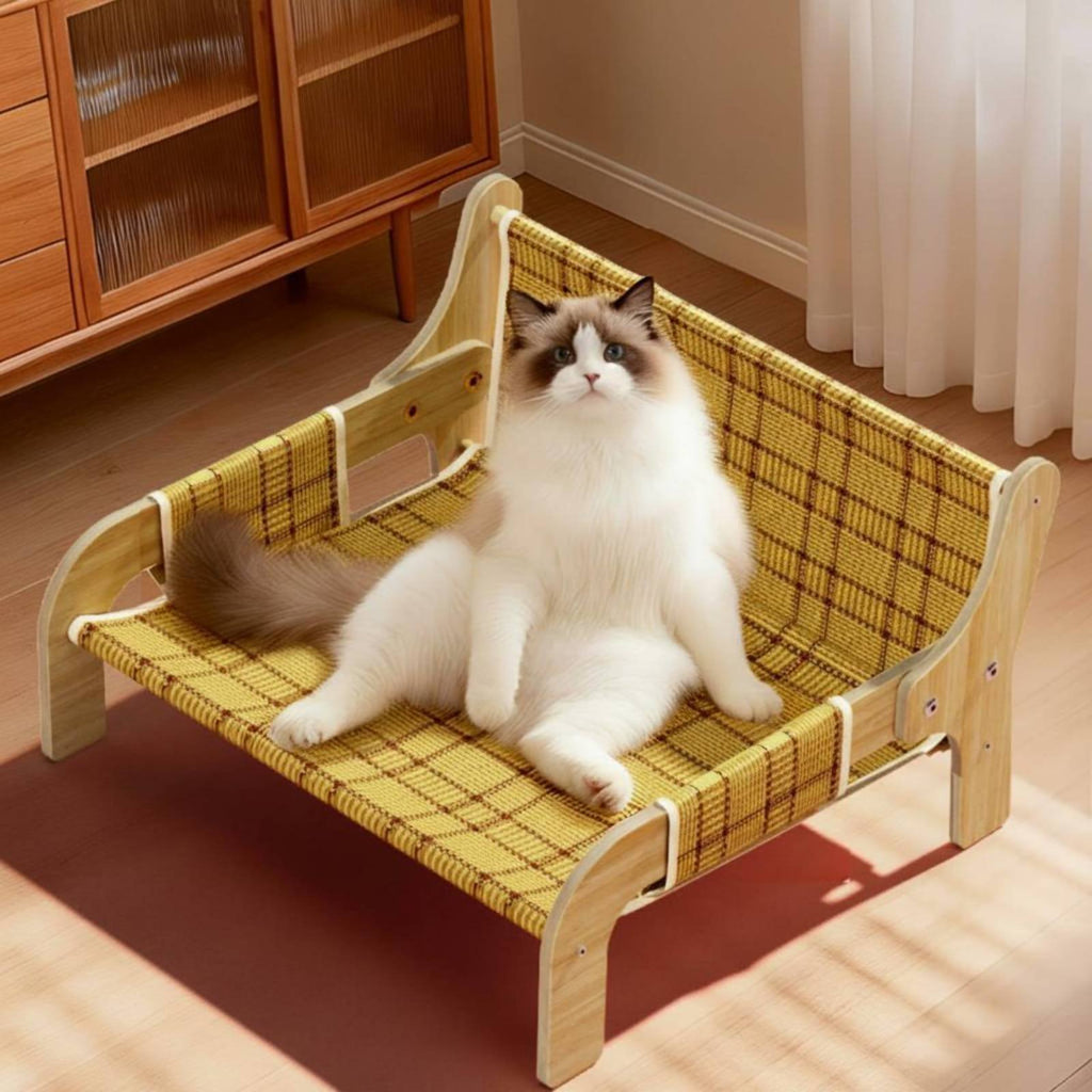 Wooden Cat Sofa Scratch-Friendly Cat Lounge Chair Sturdy Wood Frame Raised Pet Couch for Cats, Indoor