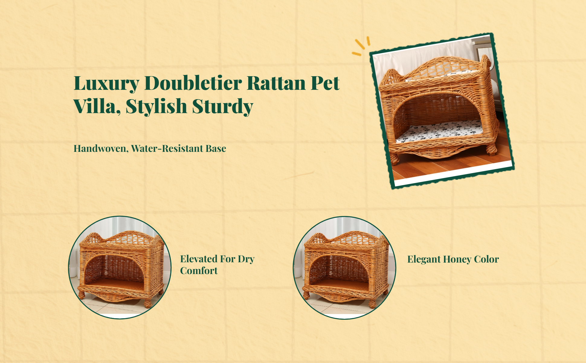Wicker Cat Bed, 2-Tier Removable Pet House, Rattan Dog Bed