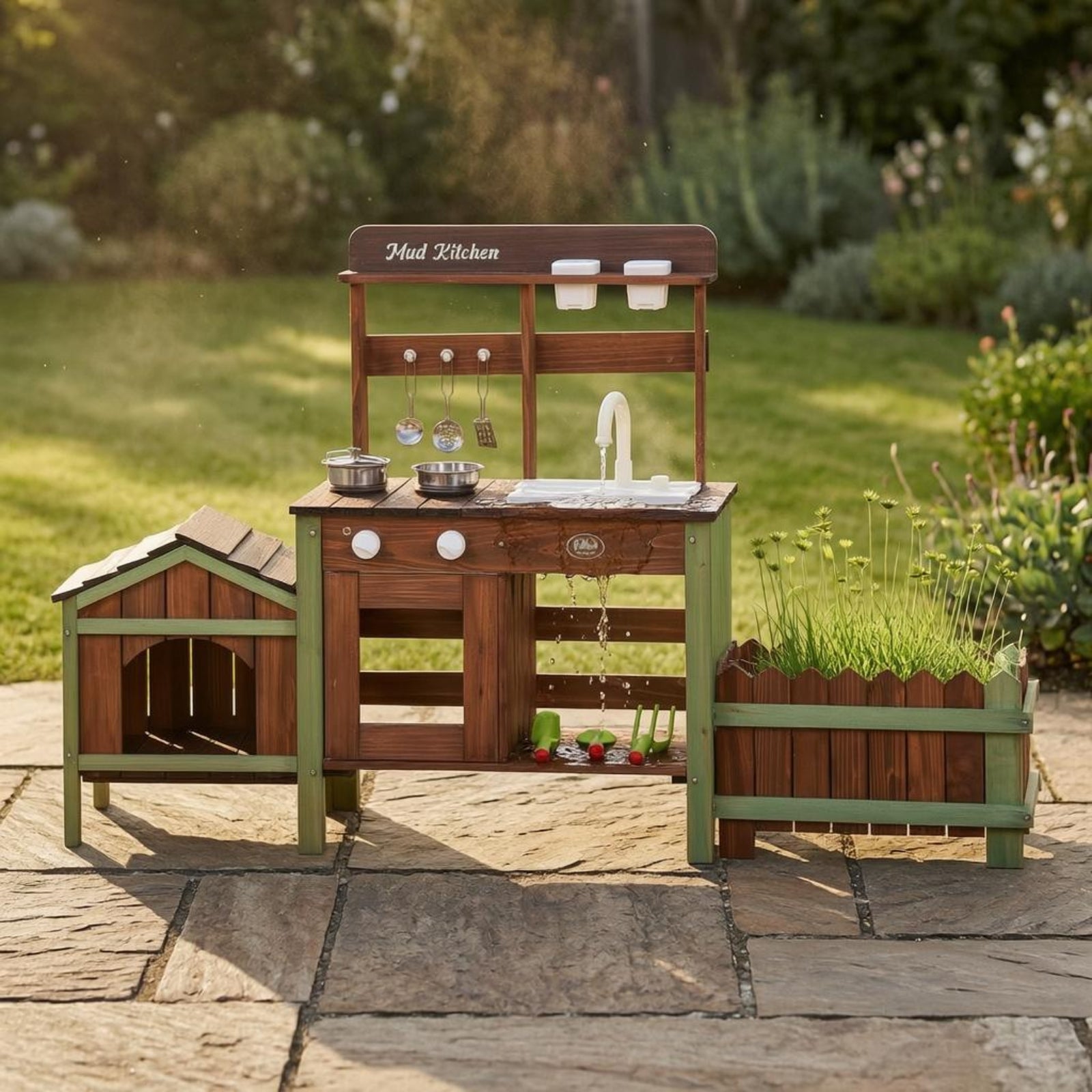Wooden Outdoor-Pretend Kitchen Planter Box Wood-Look Play Kitchen Round Knobs Infant Toy